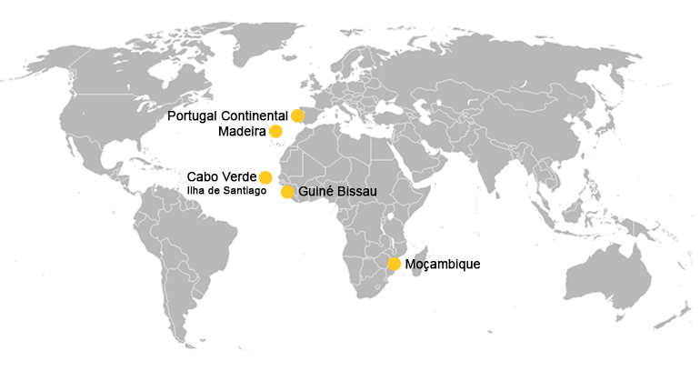 Mapa Atuação Sibafil - Portugal, Madeira, Guiné-Bissau, Cabo Verde e Moçambique
